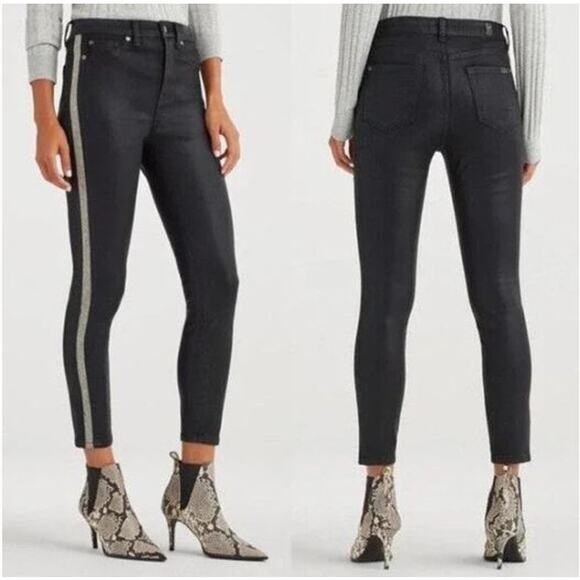 7FAM Womens 25 B(air) High Waist Ankle Skinny Jean Coated Black Snake Stripe - Picture 2 of 13